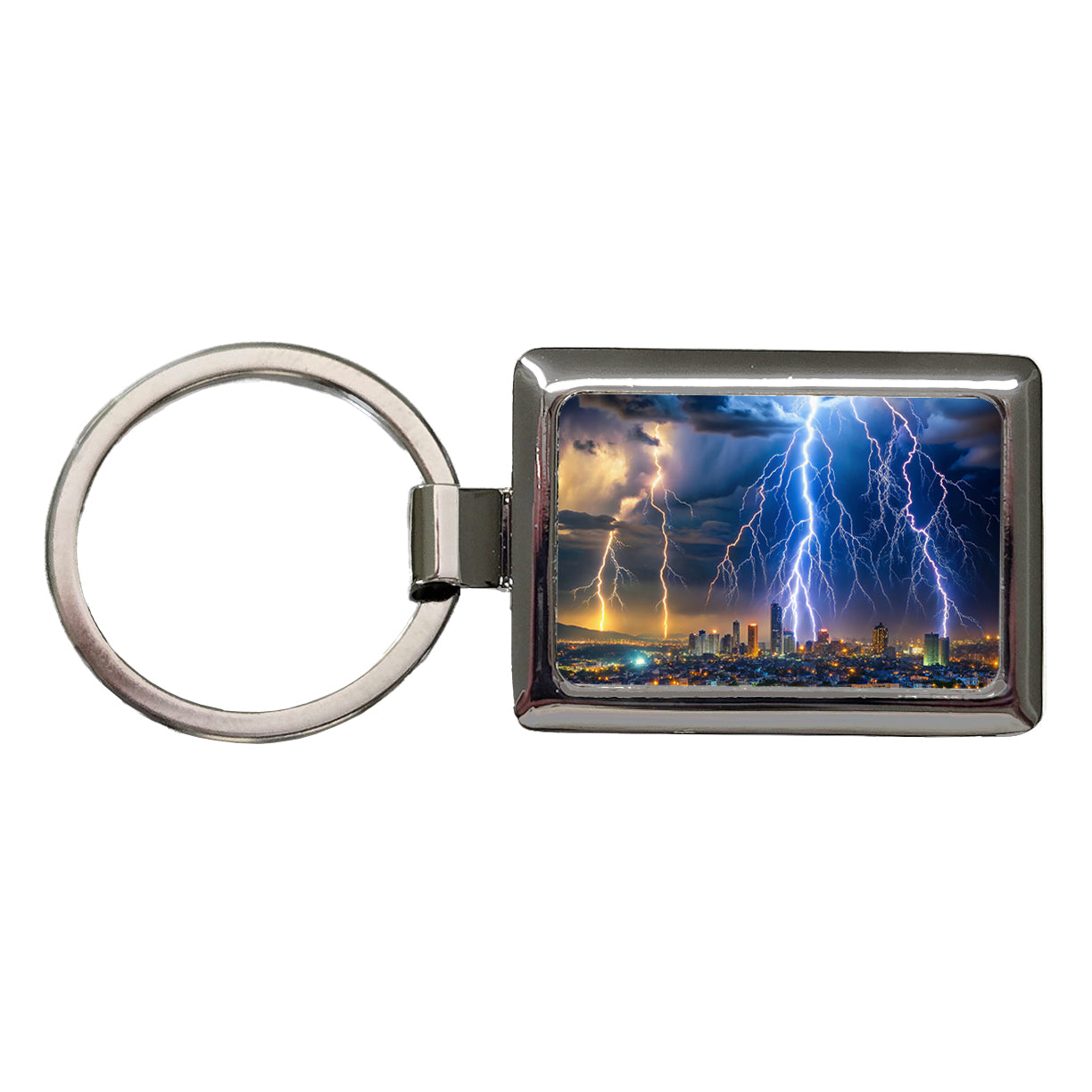 Lighting Strikes Over City At Night Rectangle Metal Keychain