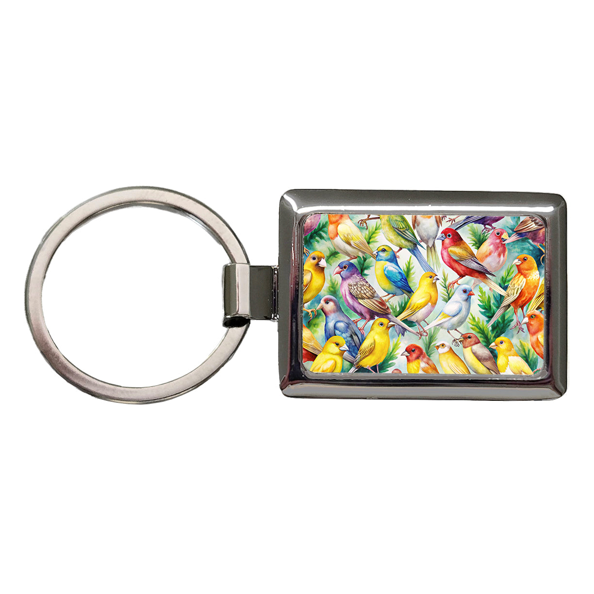 Many Colorful Canary Birds Watercolor Rectangle Metal Keychain
