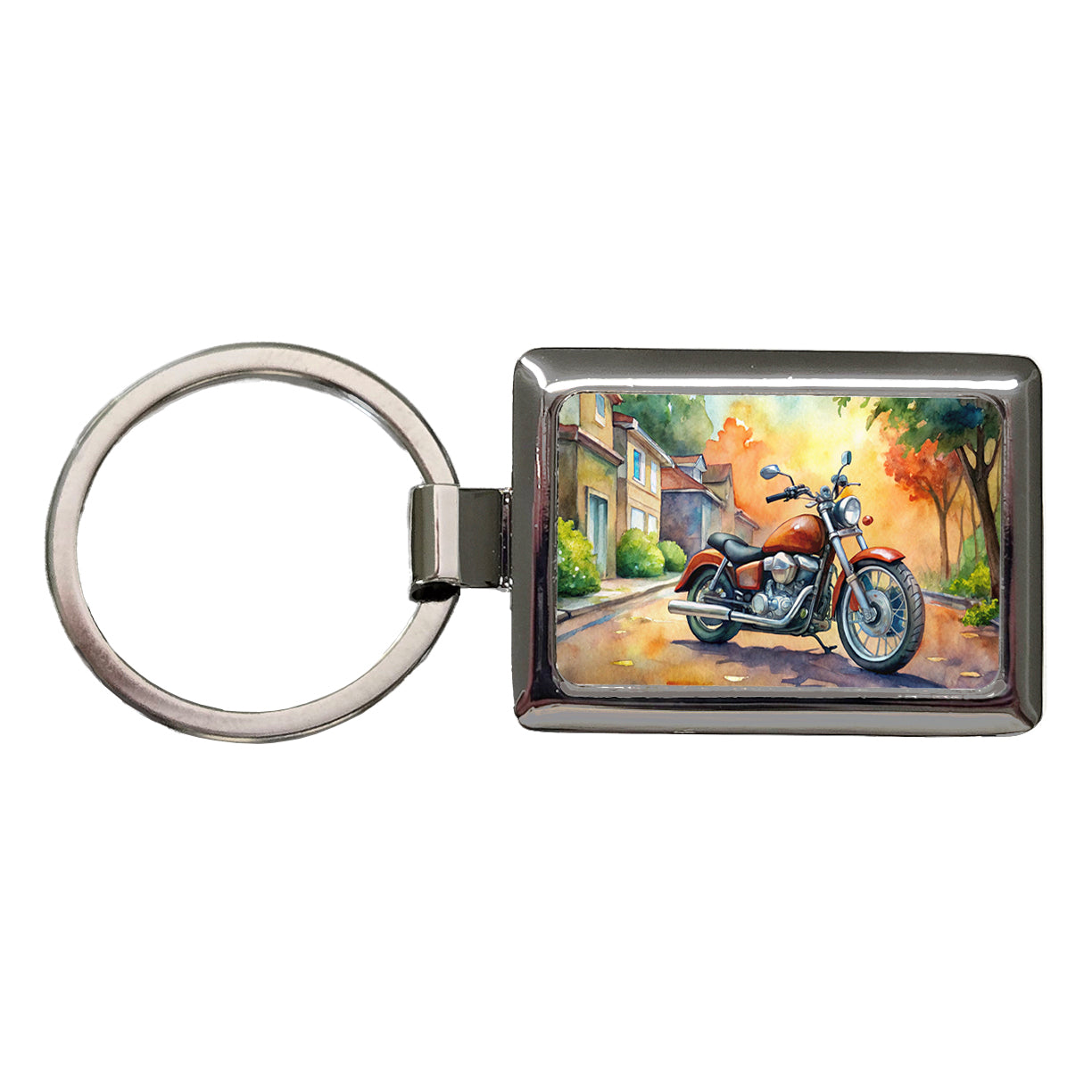 Motorcycle Watercolor Scene Rectangle Metal Keychain