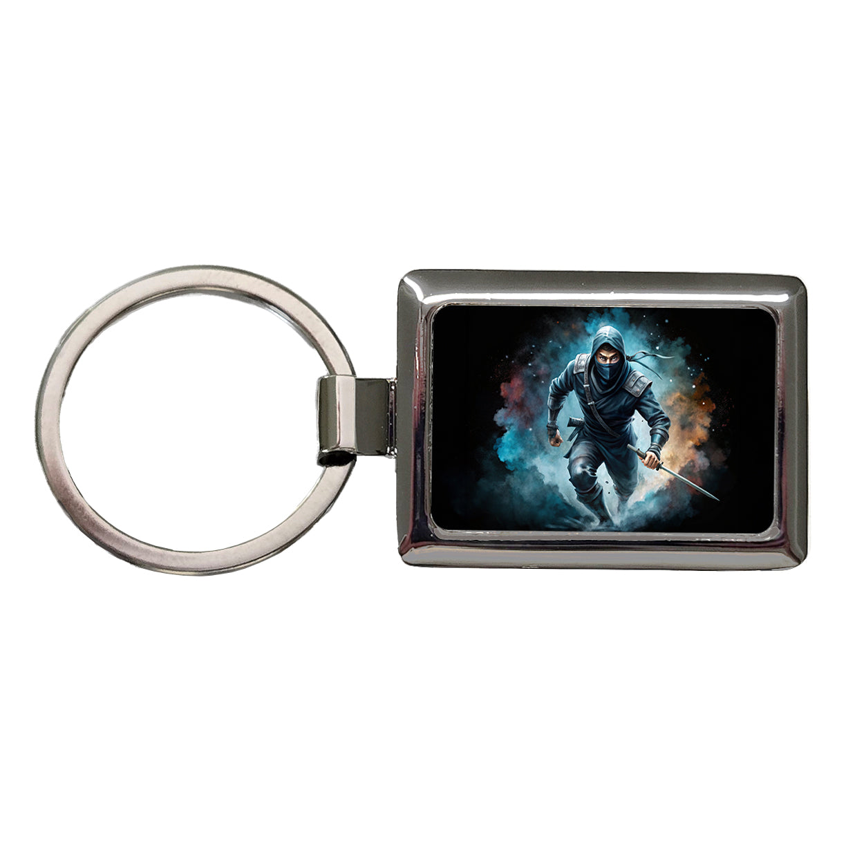 Ninja with Katana Running Black Watercolor Rectangle Metal Keychain