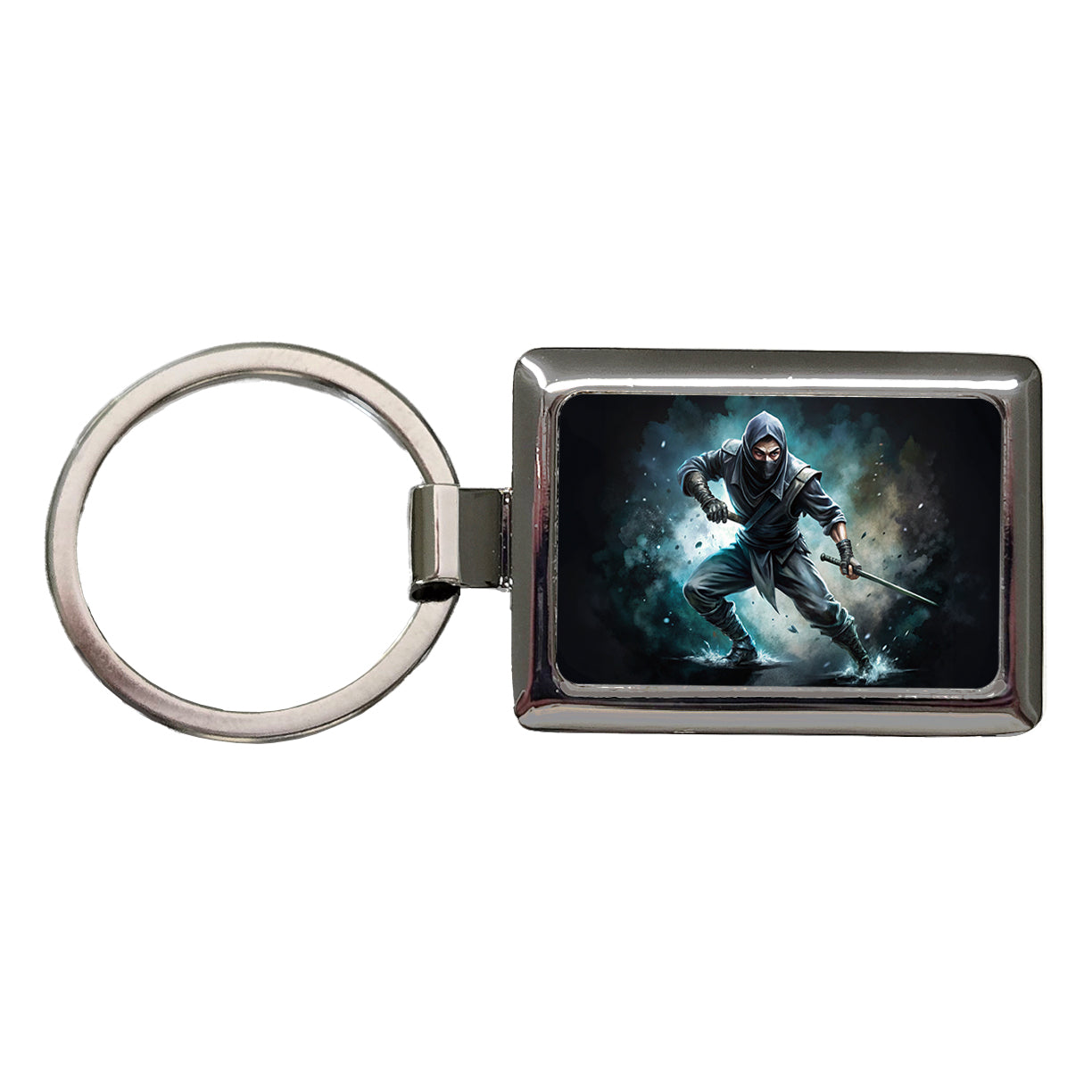 Ninja with Katana Sword Black Watercolor Rectangle Metal Keychain