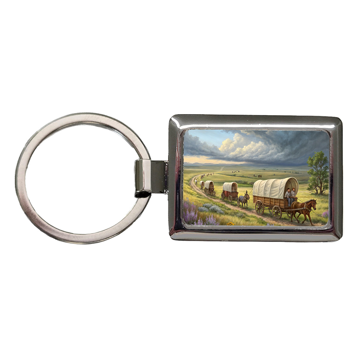 Old West Covered Wagons Crossing The Prairie Western Rectangle Metal Keychain