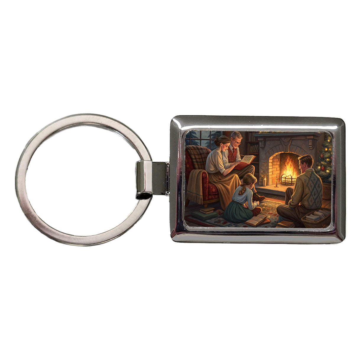 Reading by the Fireplace Americana Rectangle Metal Keychain