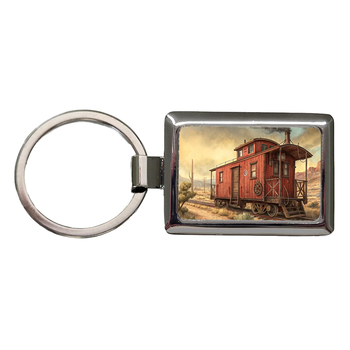 Red Train Caboose Old West Western Rectangle Metal Keychain