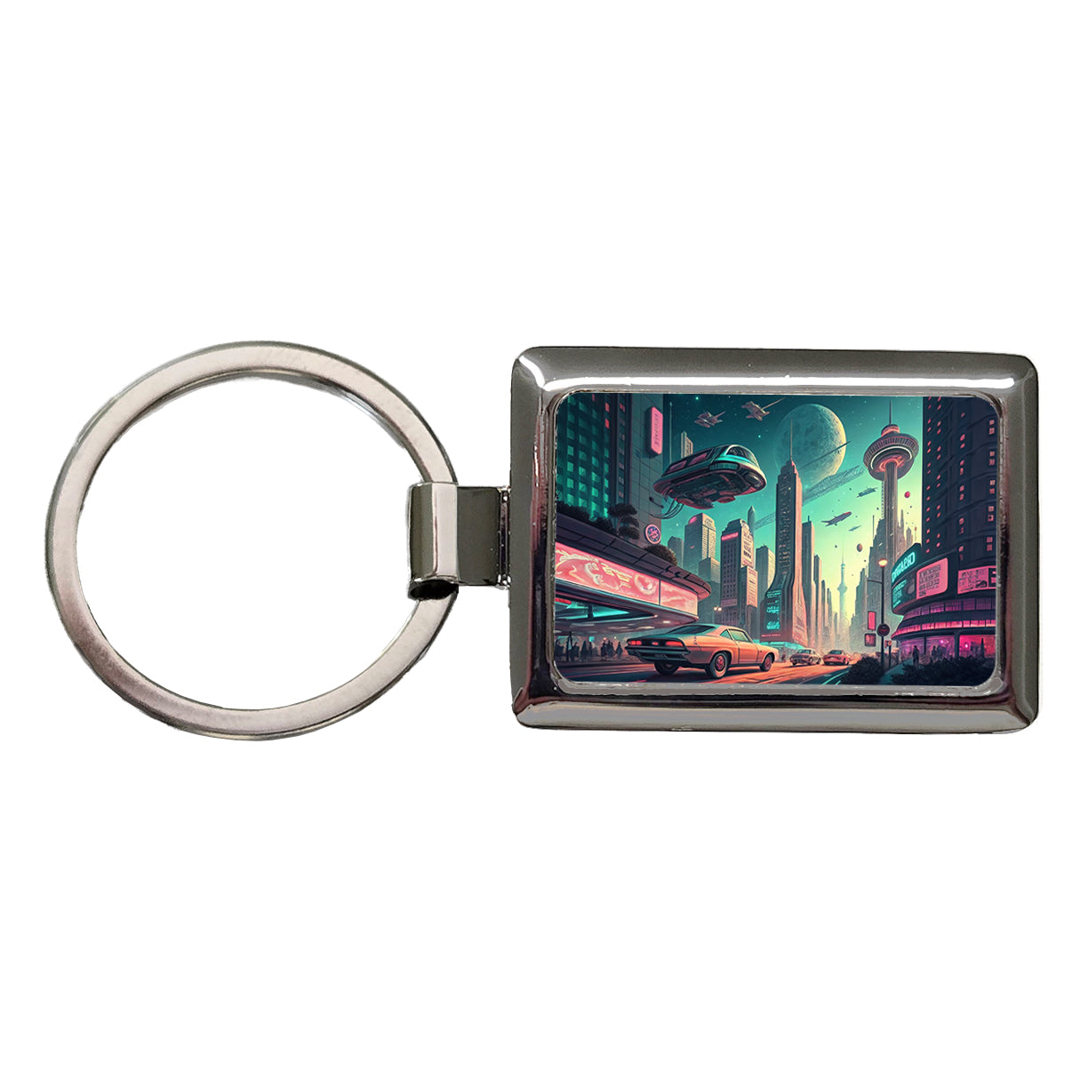 Retro Sci-fi Poster Art Futuristic City Scene Rectangle Metal Keychain