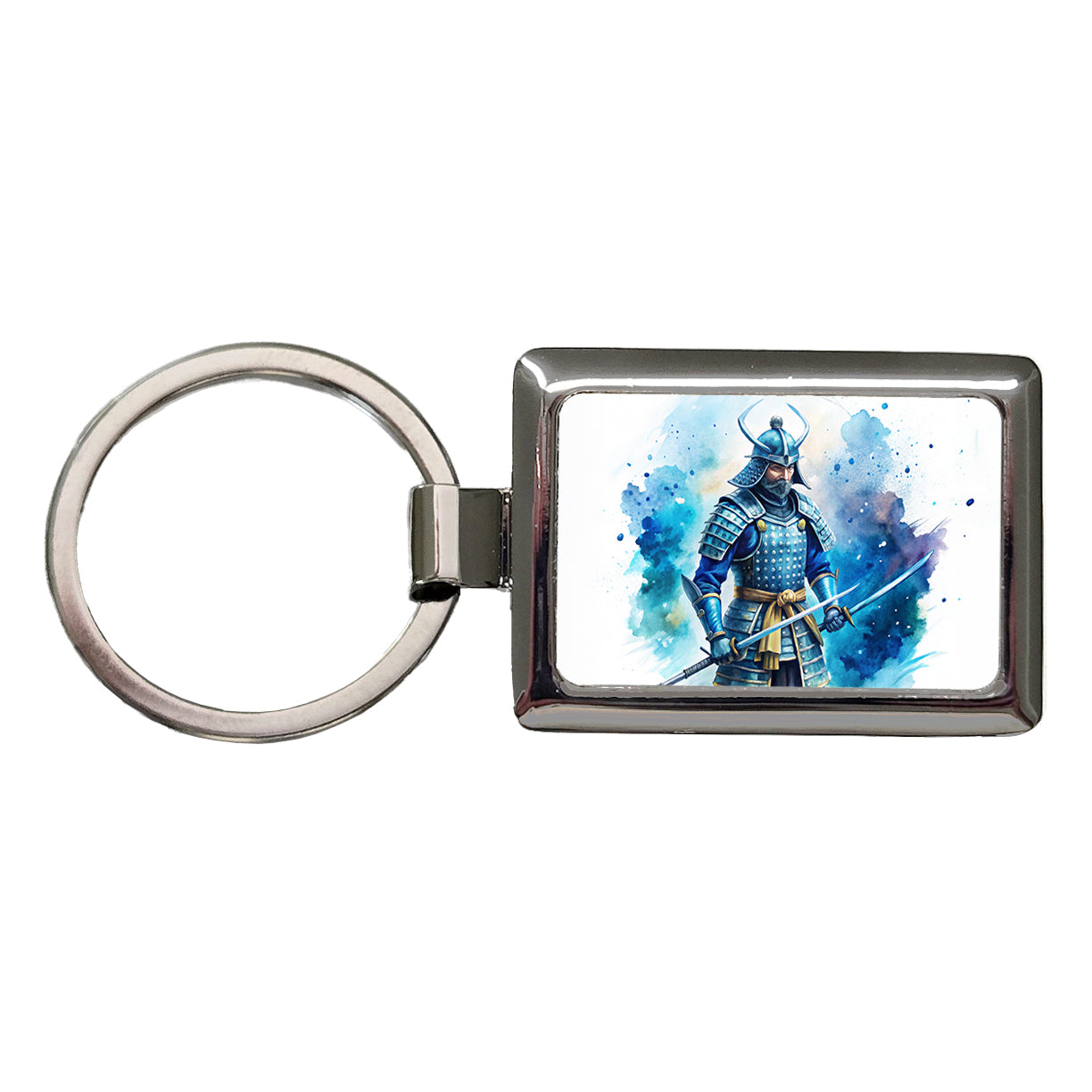 Samurai With Katana And Blue Armor Watercolor Rectangle Metal Keychain