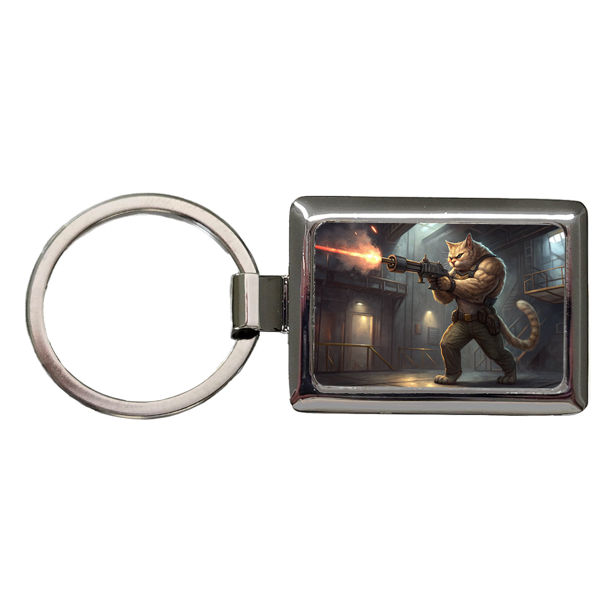 Sci-fi Action Hero Cat Shooting A Machine Gun Rectangle Metal Keychain