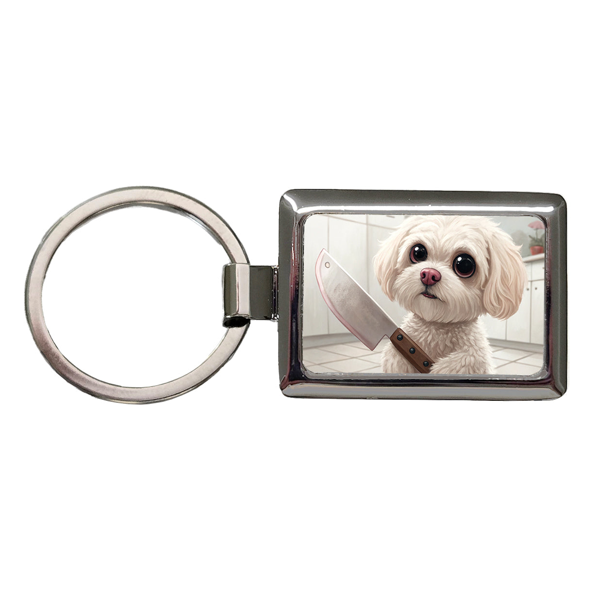 Small Fluffy Dog with a Butcher Knife Funny Scary Halloween Rectangle Metal Keychain