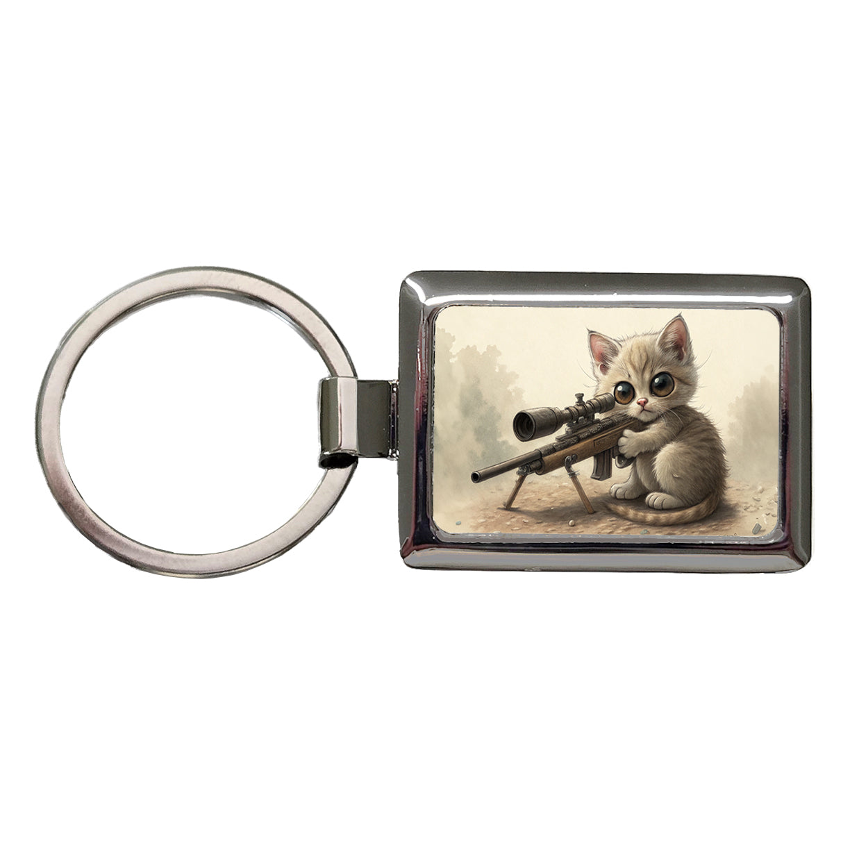 Small Fuzzy Cat Kitten With A Sniper Rifle Funny Rectangle Metal Keychain