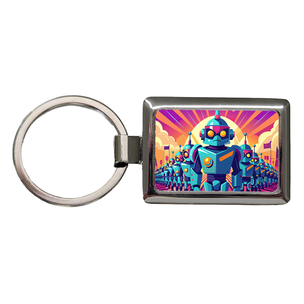 Vibrant Colored Sci-fi Robot Army Marching Rectangle Metal Keychain