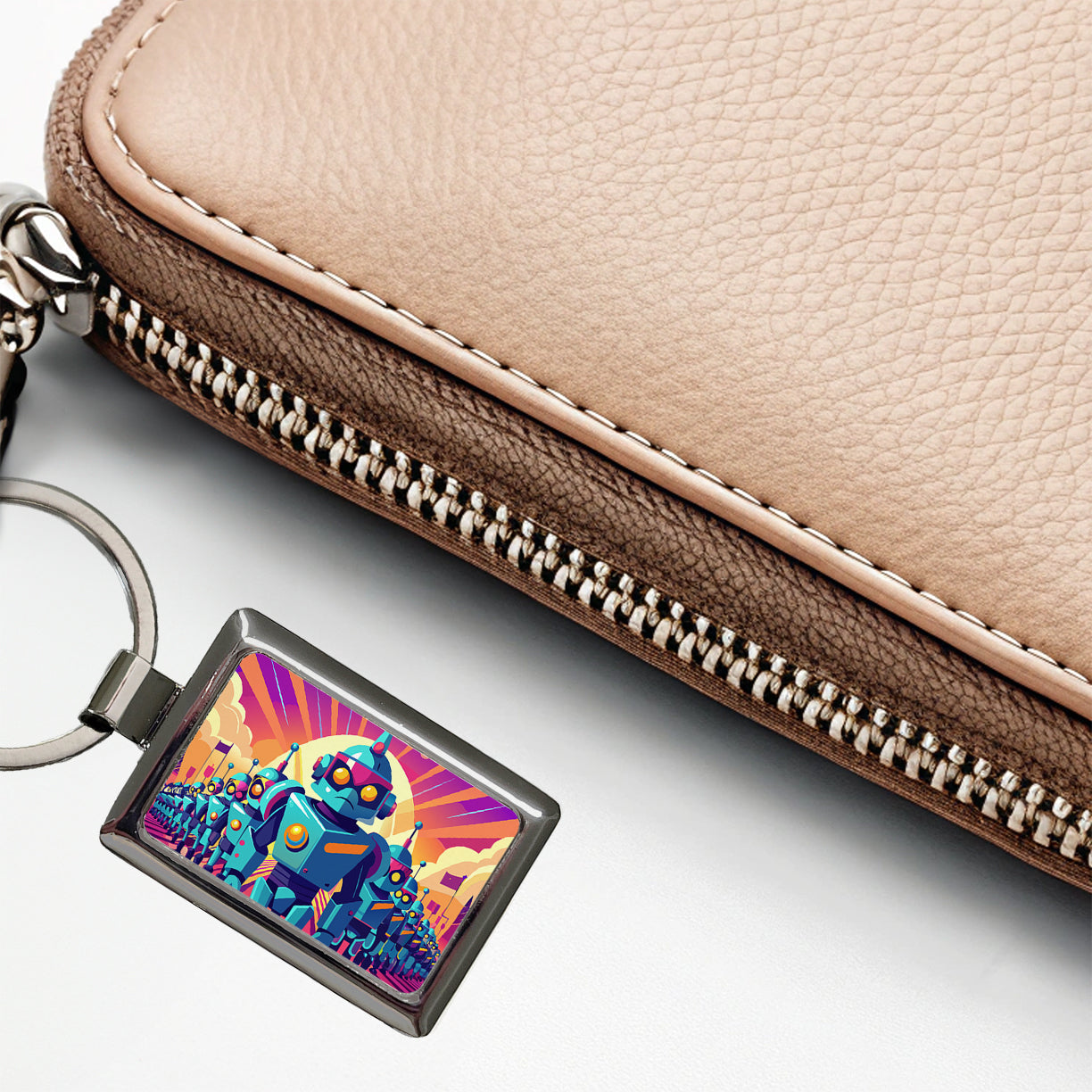 Vibrant Colored Sci-fi Robot Army Marching Rectangle Metal Keychain