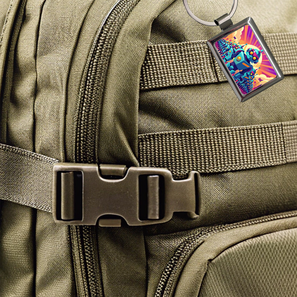 Vibrant Colored Sci-fi Robot Army Marching Rectangle Metal Keychain