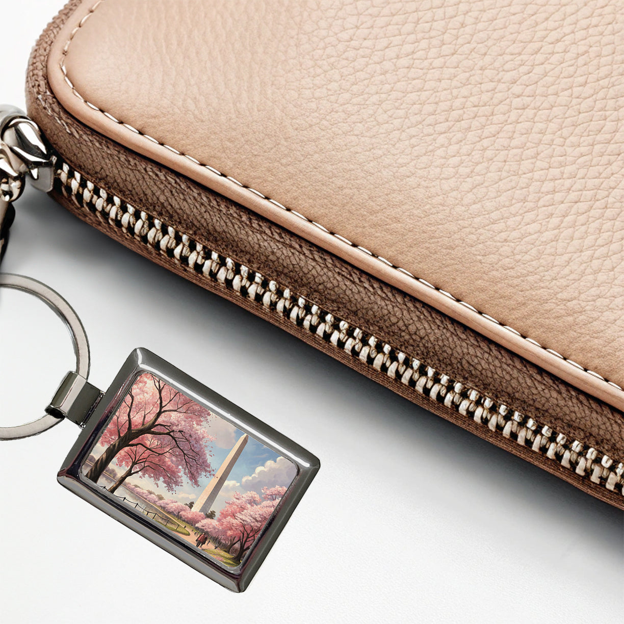 Washington Monument During Cherry Tree Blossom Season Rectangle Metal Keychain
