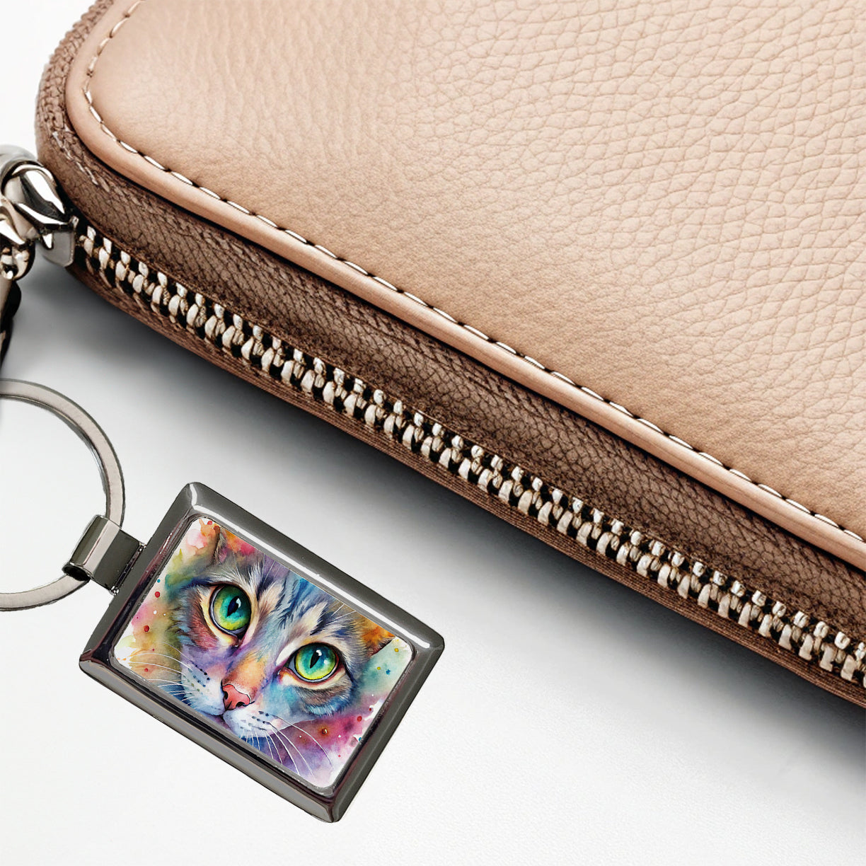 Watercolor Tabby Cat Rectangle Metal Keychain