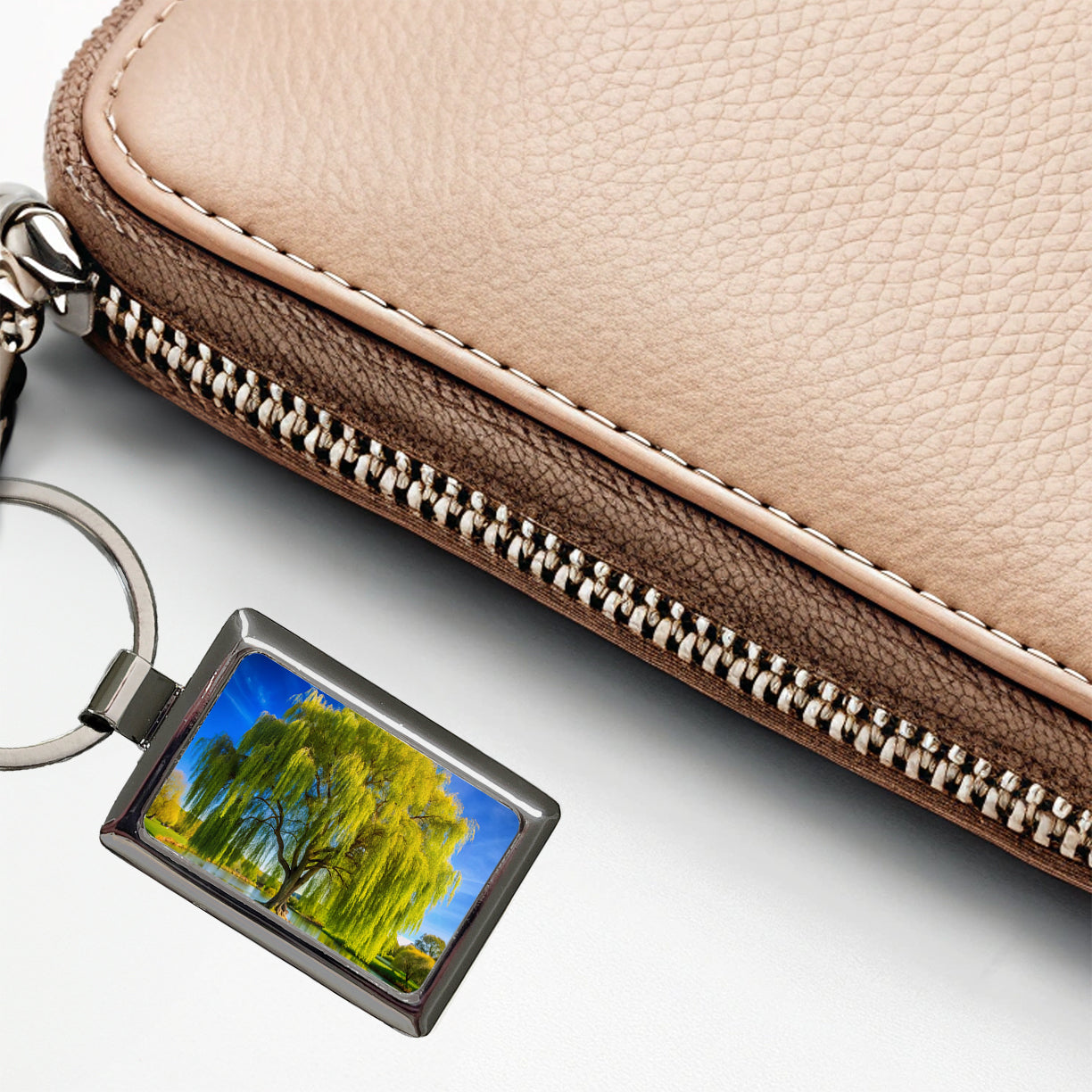 Weeping Willow Tree in Pond Rectangle Metal Keychain