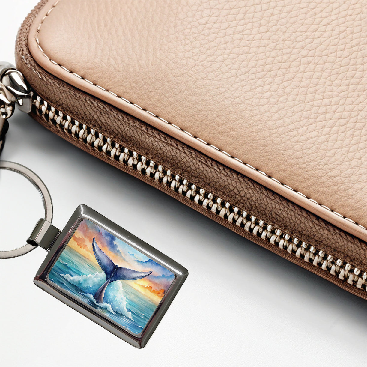 Whale Tail Ocean Watercolor Rectangle Metal Keychain