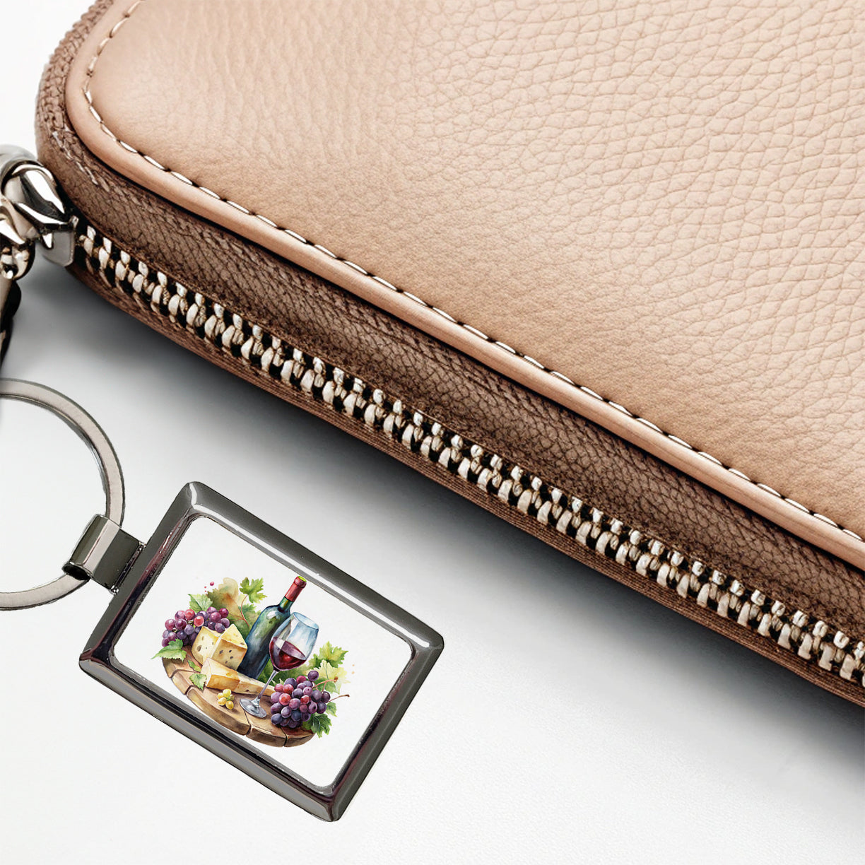 Wine Cheese Grapes on Board Watercolor Rectangle Metal Keychain