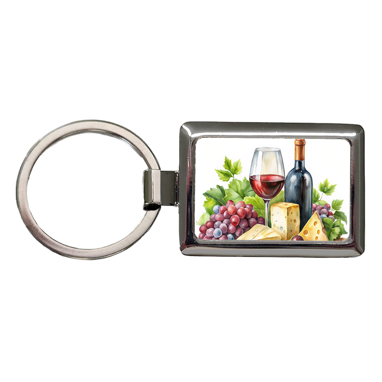 Wine Cheese Grapes Watercolor Rectangle Metal Keychain