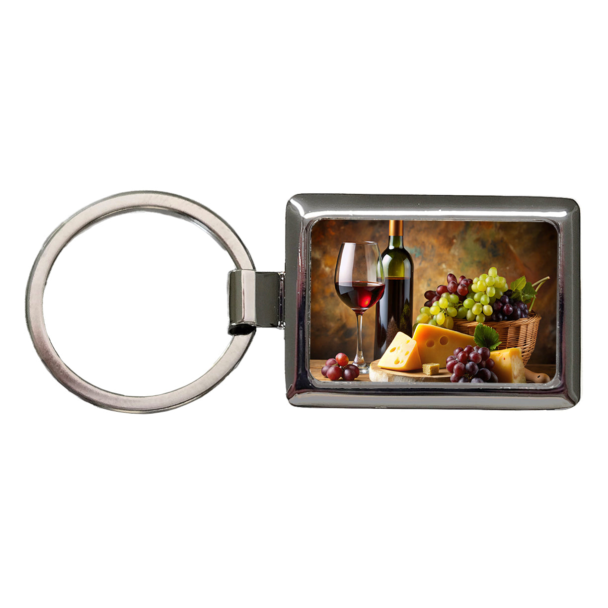 Wine Cheese Grapes Rustic Setting Rectangle Metal Keychain