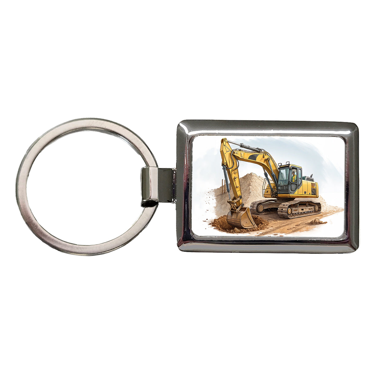 Yellow Excavator Construction Equipment Rectangle Metal Keychain