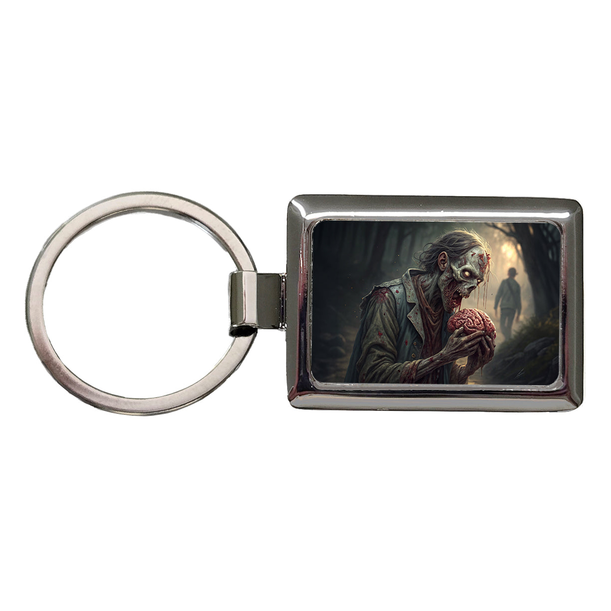 Zombie Eating Yummy Brains Funny Halloween Rectangle Metal Keychain