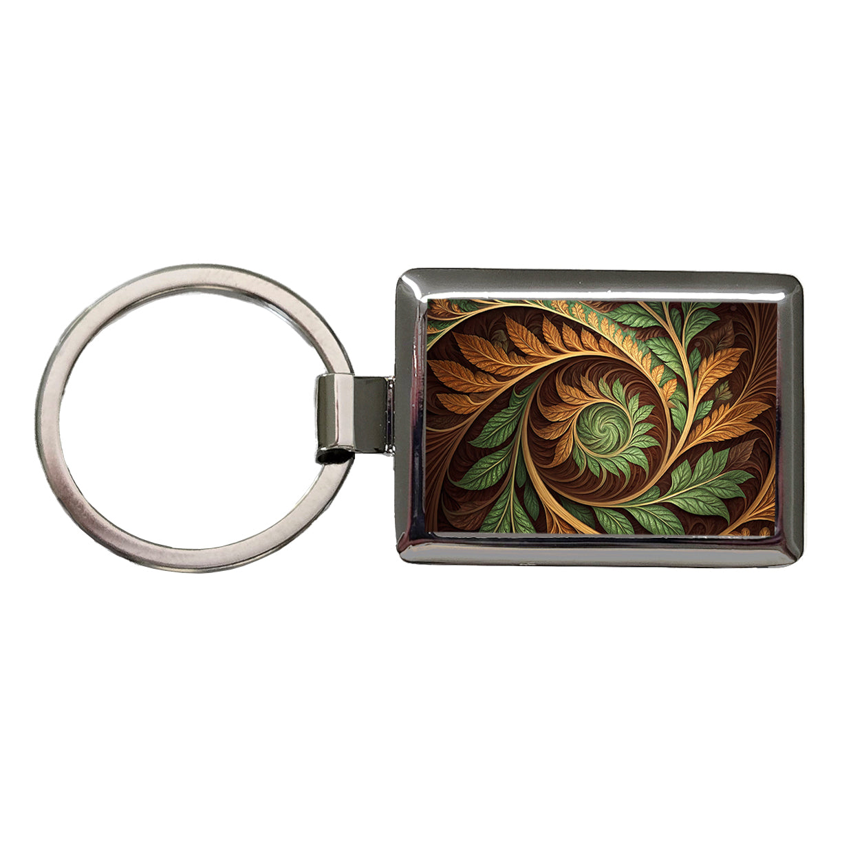 Abstract Brown Green Leaves Swirl Rectangle Metal Keychain