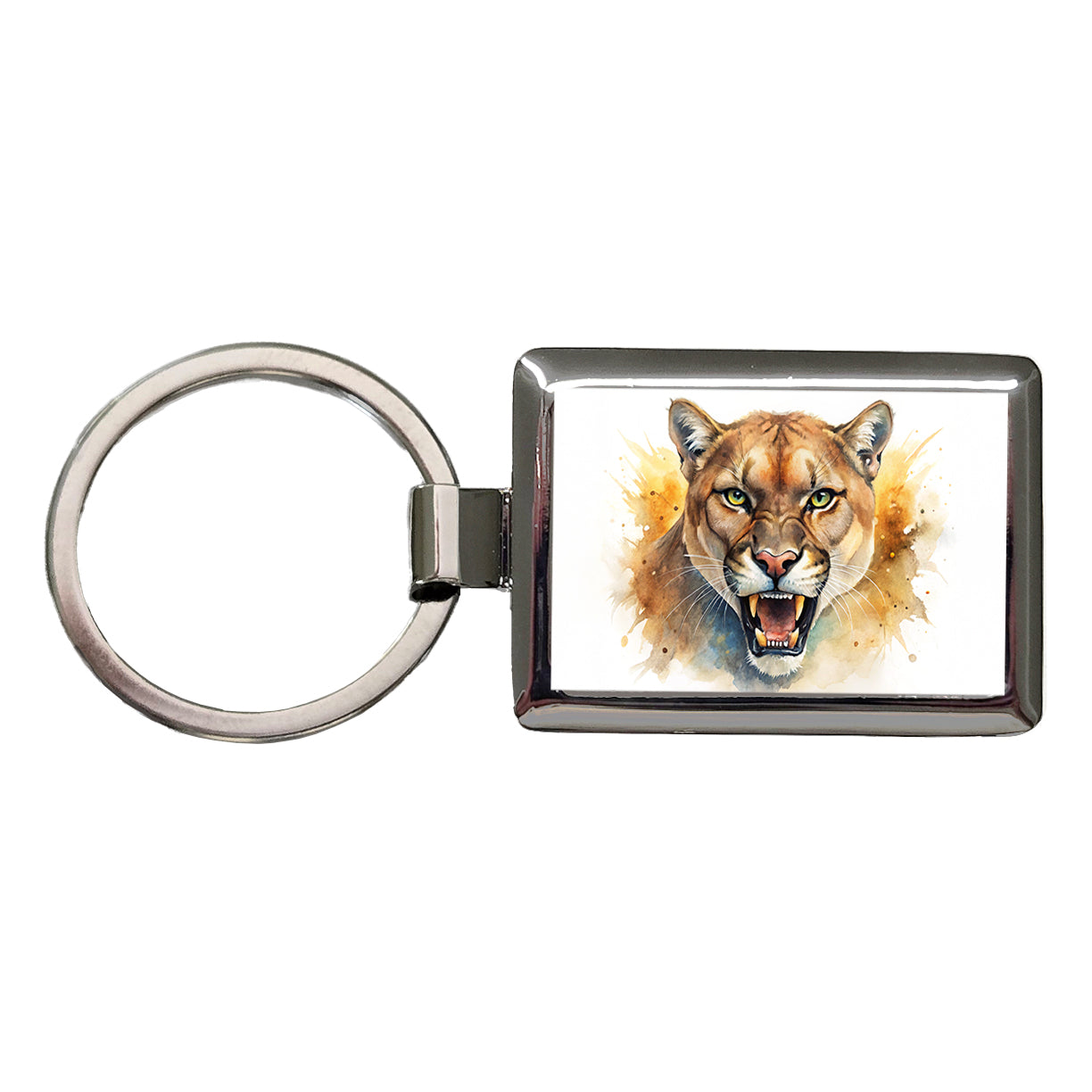 Angry Mountain Lion Cougar Watercolor Rectangle Metal Keychain