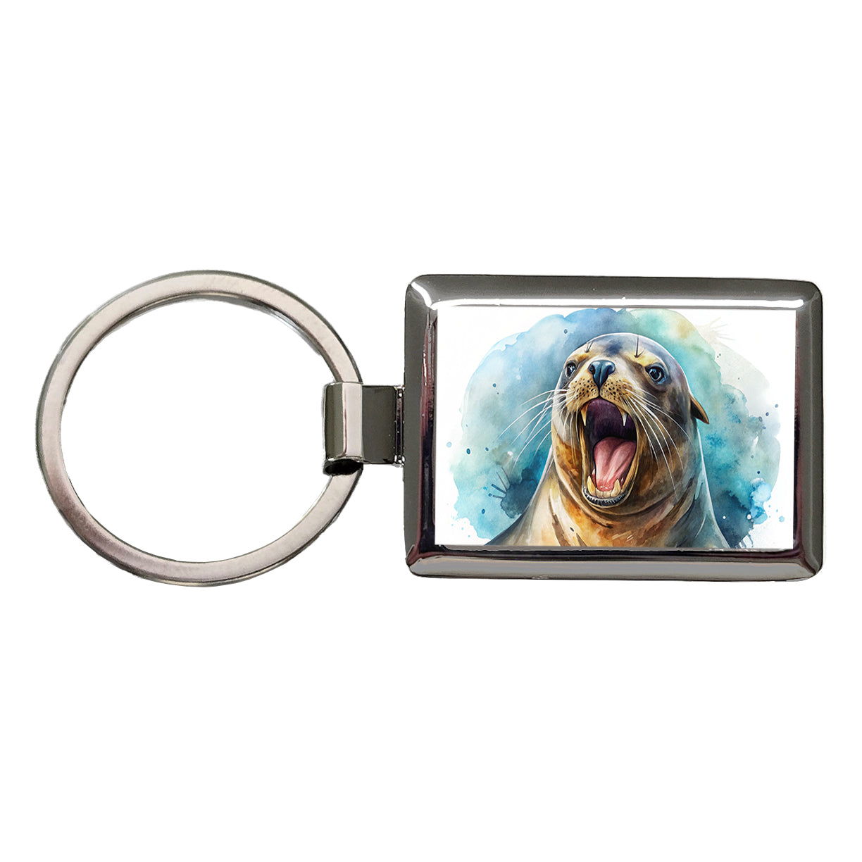 Angry Sea Lion Watercolor Rectangle Metal Keychain