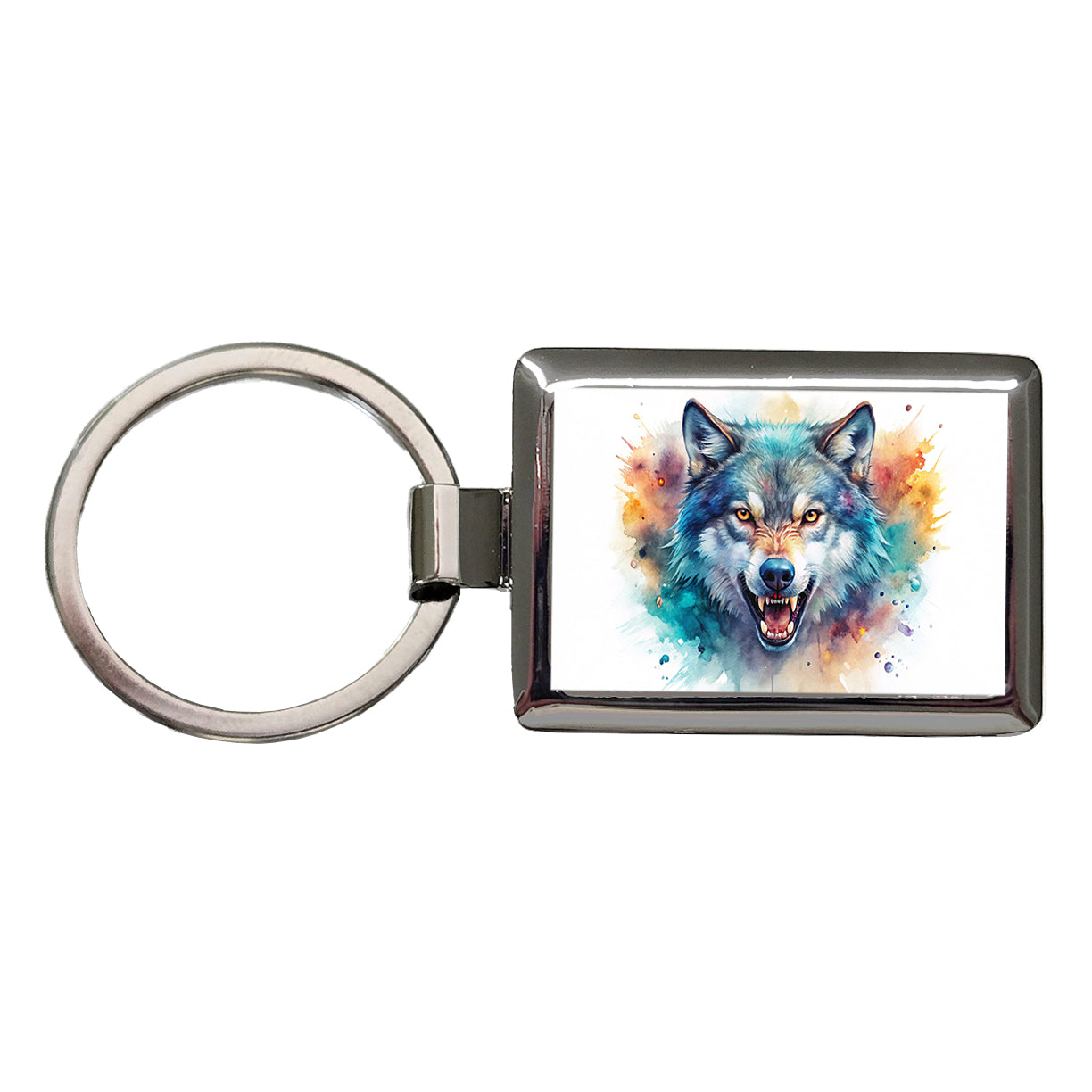 Angry Wolf Watercolor Rectangle Metal Keychain