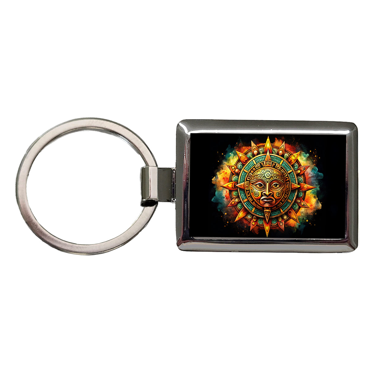 Aztec Sun God Symbol Watercolor Rectangle Metal Keychain