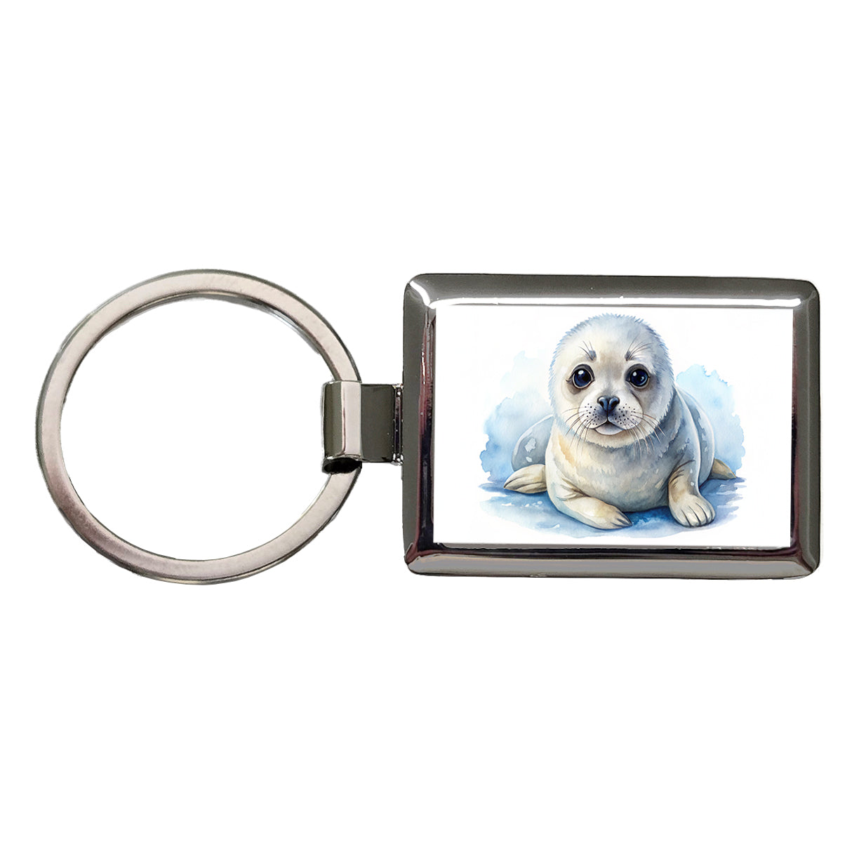 Baby Harp Seal Watercolor Rectangle Metal Keychain