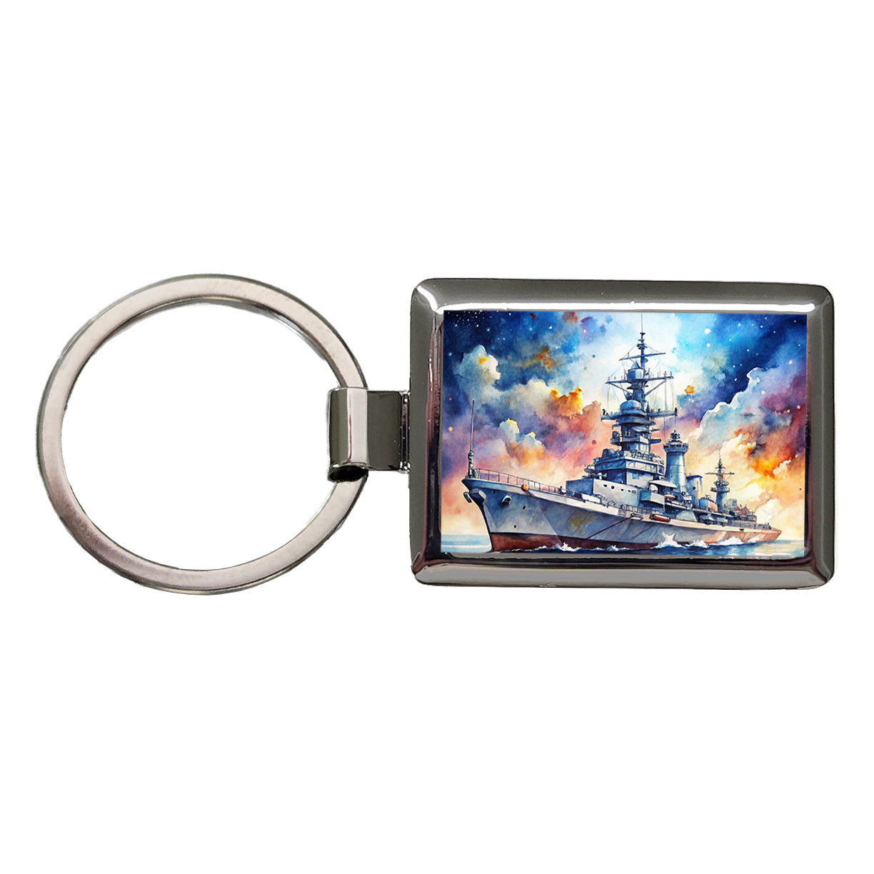 Battleship Under Fantasy Sky Watercolor Rectangle Metal Keychain