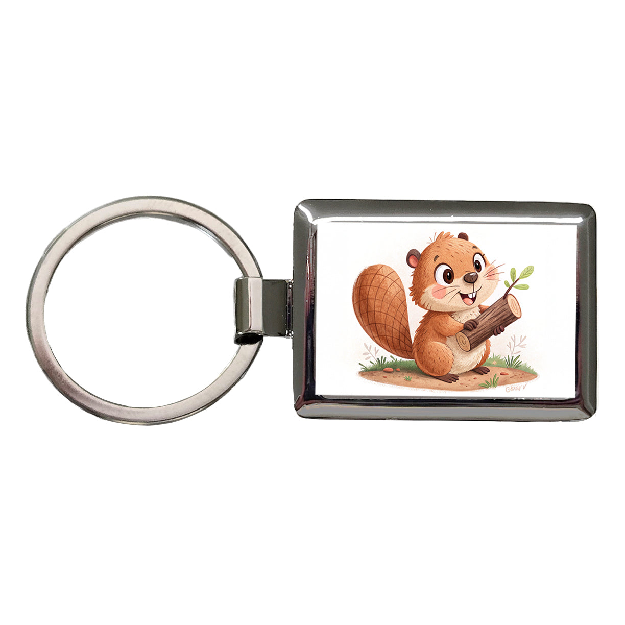 Beaver Children's Illustration Style Rectangle Metal Keychain