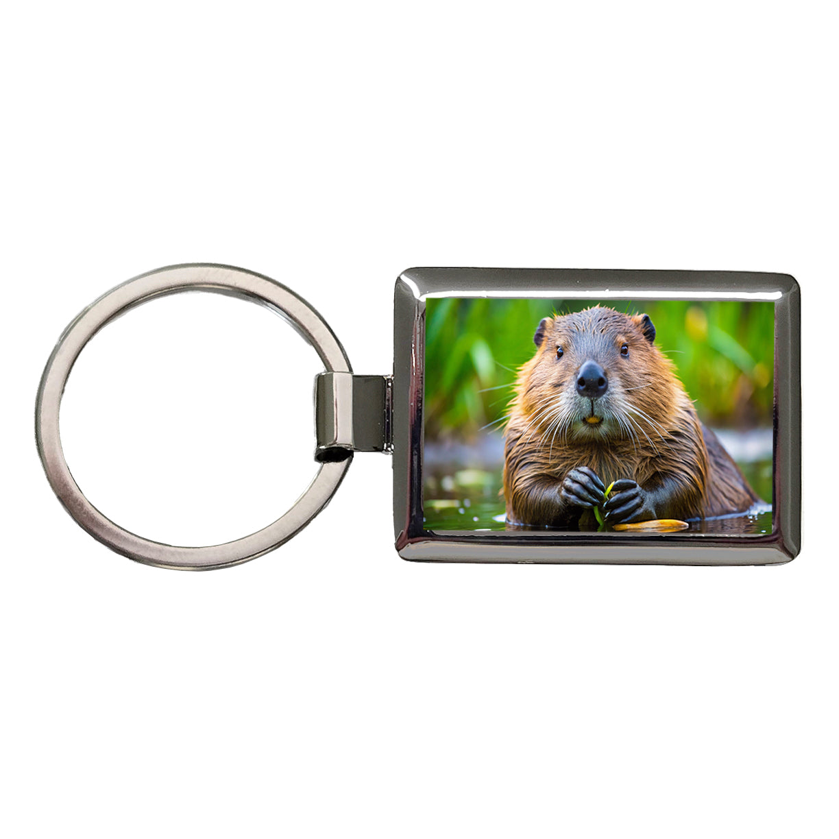 Beaver Rectangle Metal Keychain