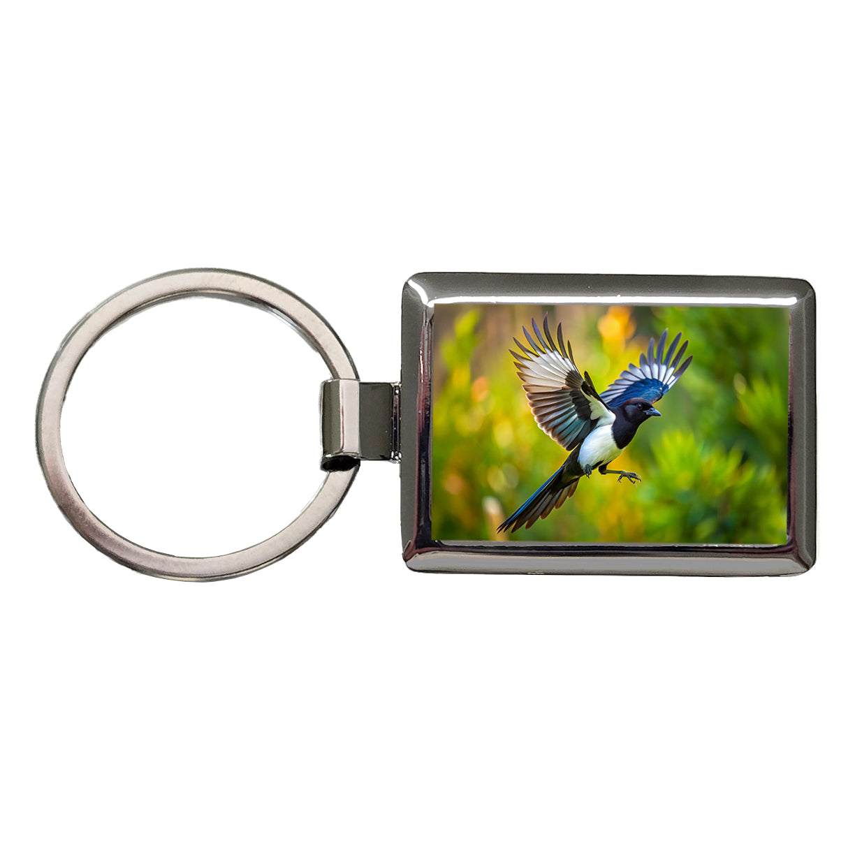 Black Billed Magpie Flying Backyard Bird Rectangle Metal Keychain