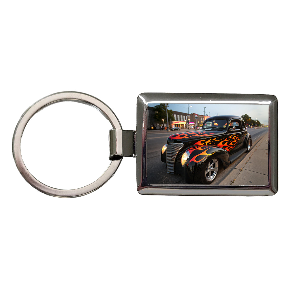 Black Hot Rod Classic Car With Flames Rectangle Metal Keychain