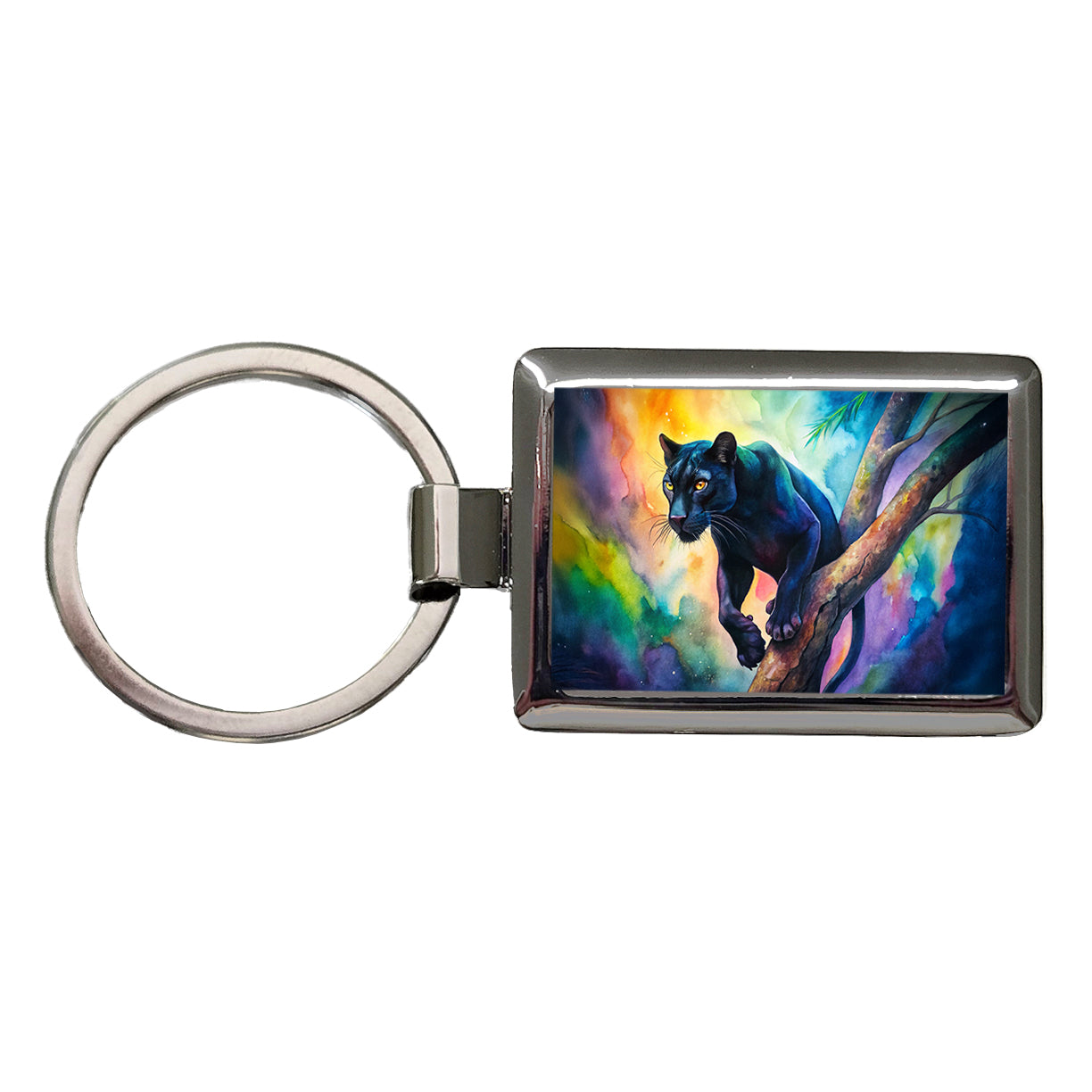 Black Panther In Tree Watercolor Rectangle Metal Keychain