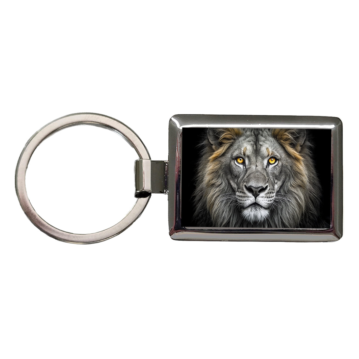 Black White Lion's Face with Gold Eyes Rectangle Metal Keychain