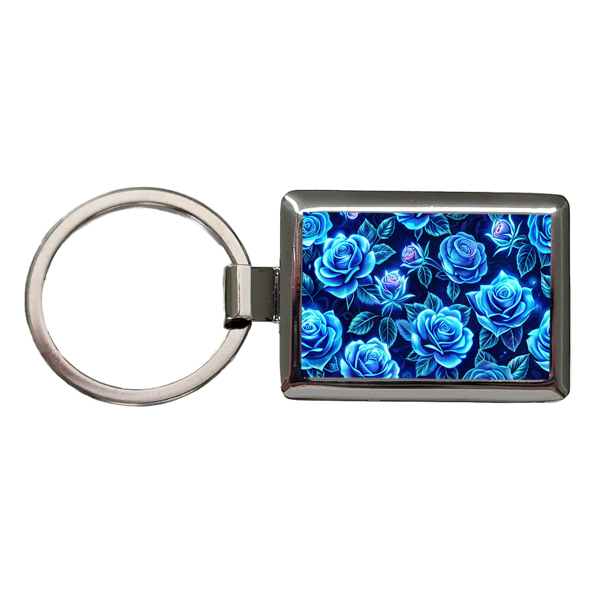 Blue Neon Rose Floral Pattern Rectangle Metal Keychain
