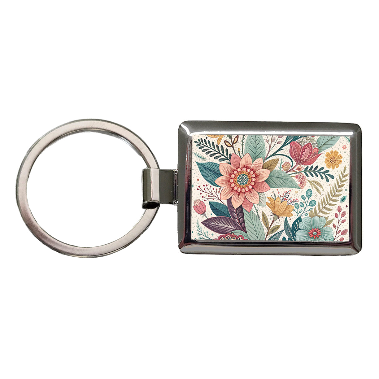 Boho Pastel Floral Pattern Rectangle Metal Keychain