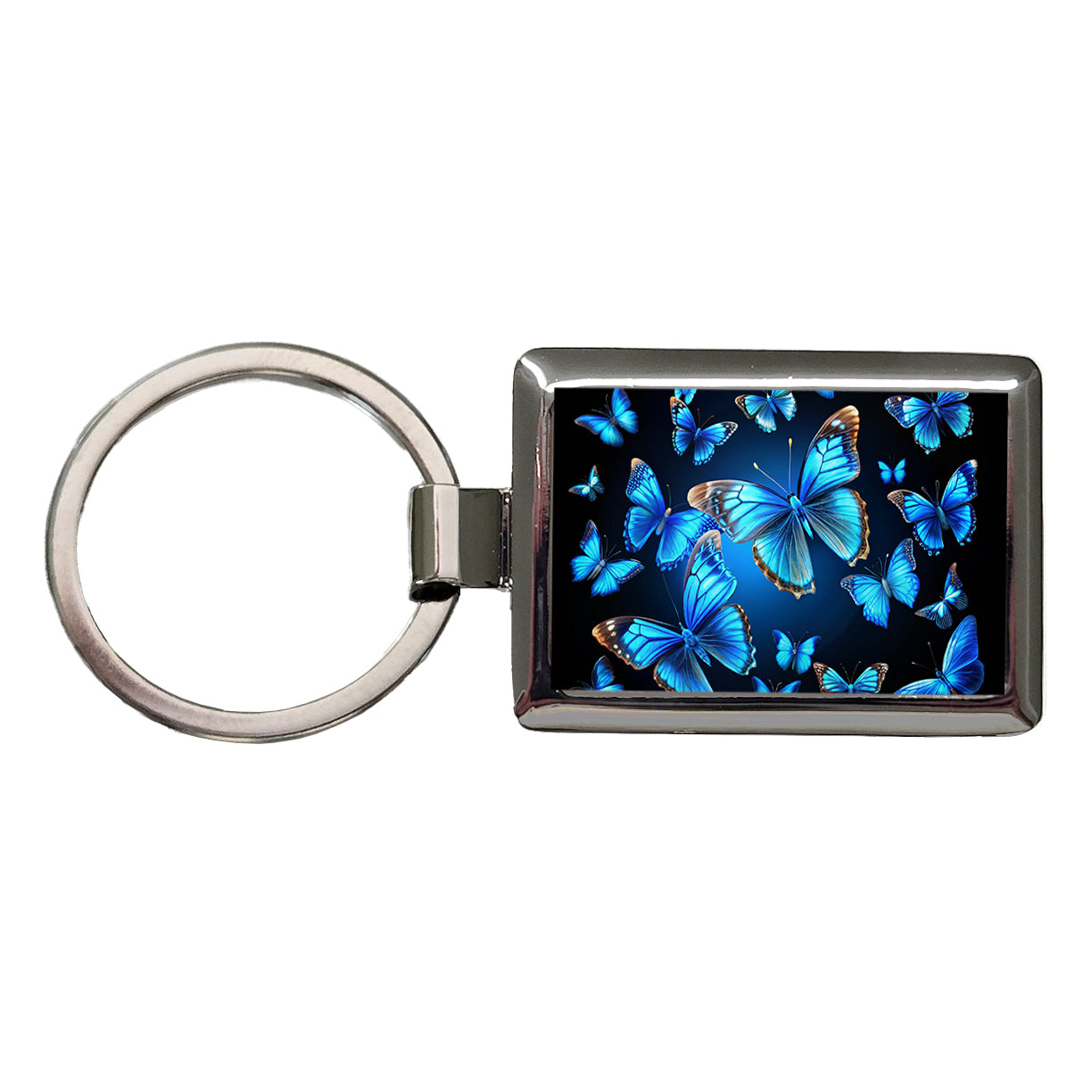 Bright Neon Blue Butterflies Rectangle Metal Keychain