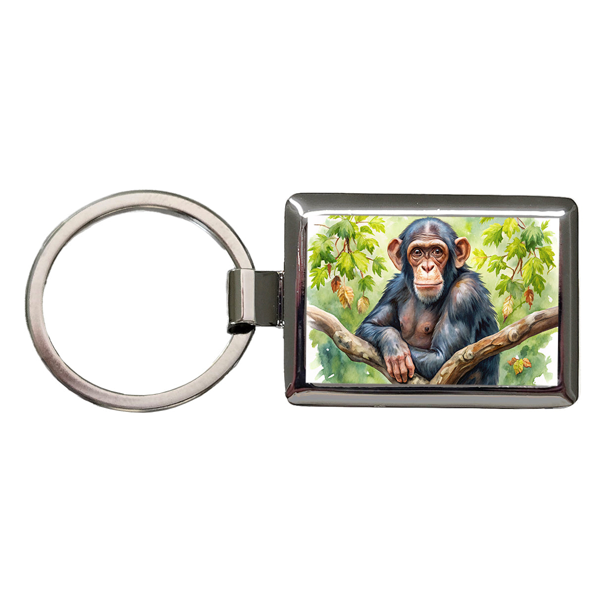 Chimpanzee Monkey In Tree Watercolor Rectangle Metal Keychain
