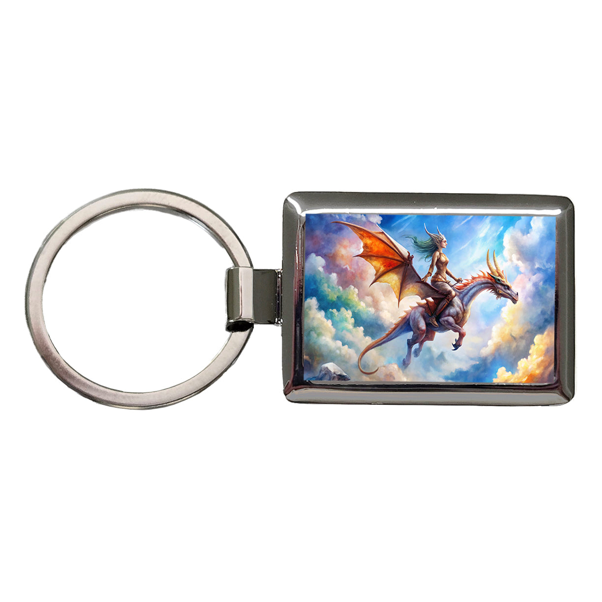 Dragon and Rider Flying Watercolor Rectangle Metal Keychain