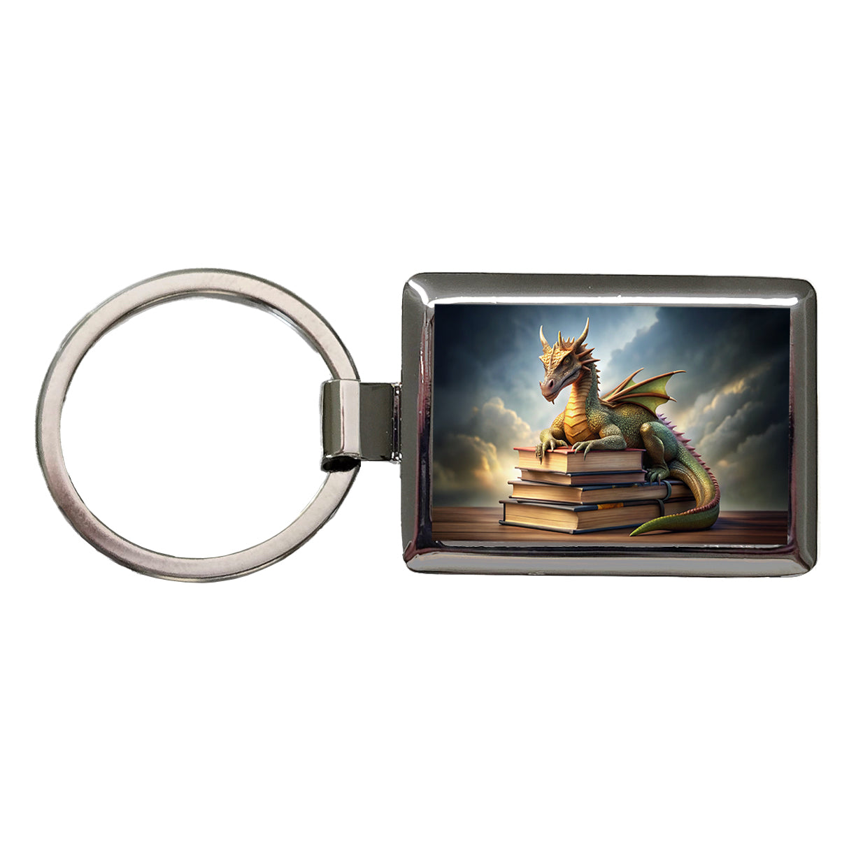 Dragon Laying On Top Of Books Reading Rectangle Metal Keychain