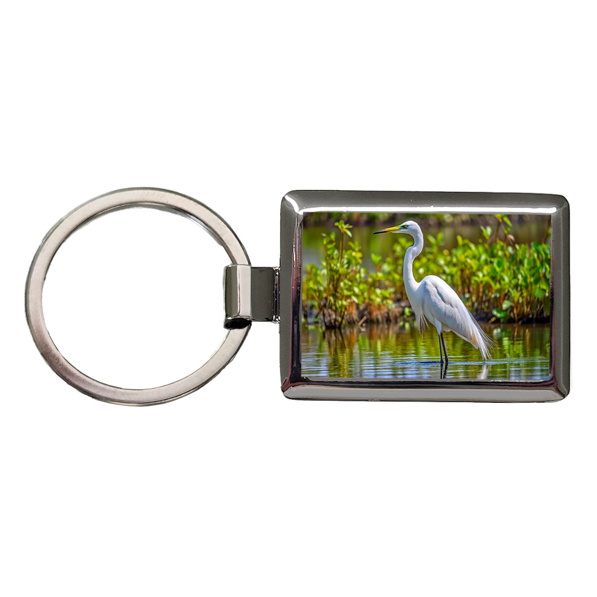 Egret Rectangle Metal Keychain