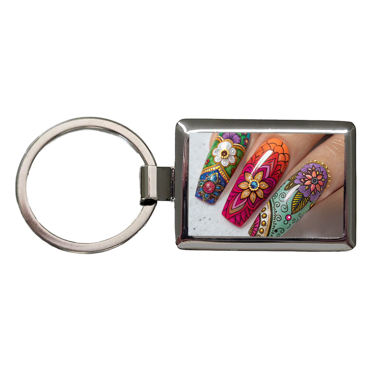 Elaborately Painted Decorated Finger Nails Rectangle Metal Keychain