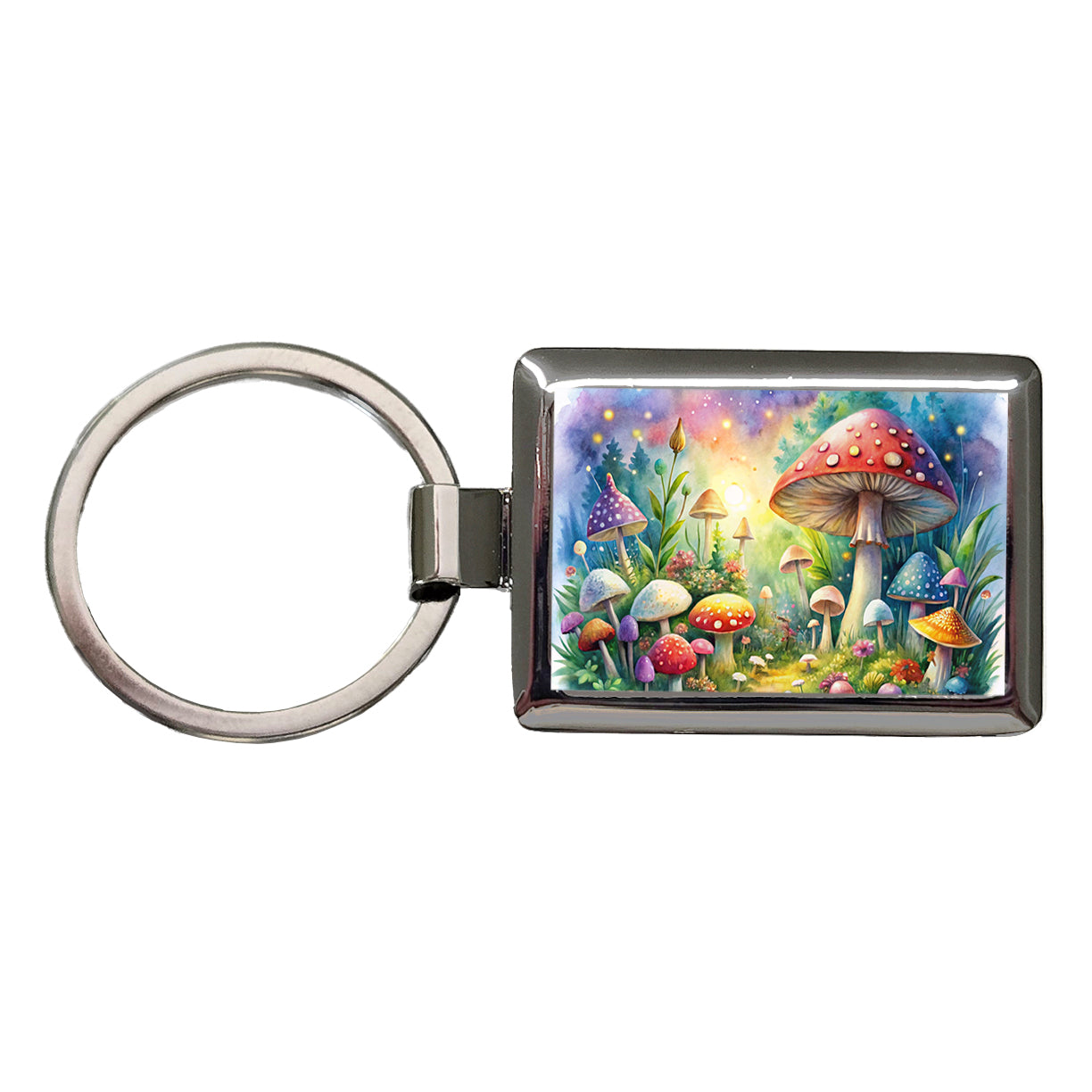 Fantastical Magical Mushroom Garden Watercolor Rectangle Metal Keychain