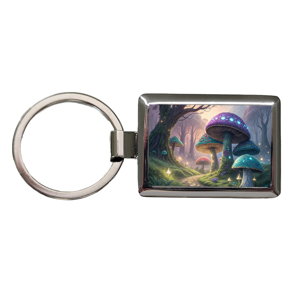 Fantasy Mushroom Forest Path Rectangle Metal Keychain