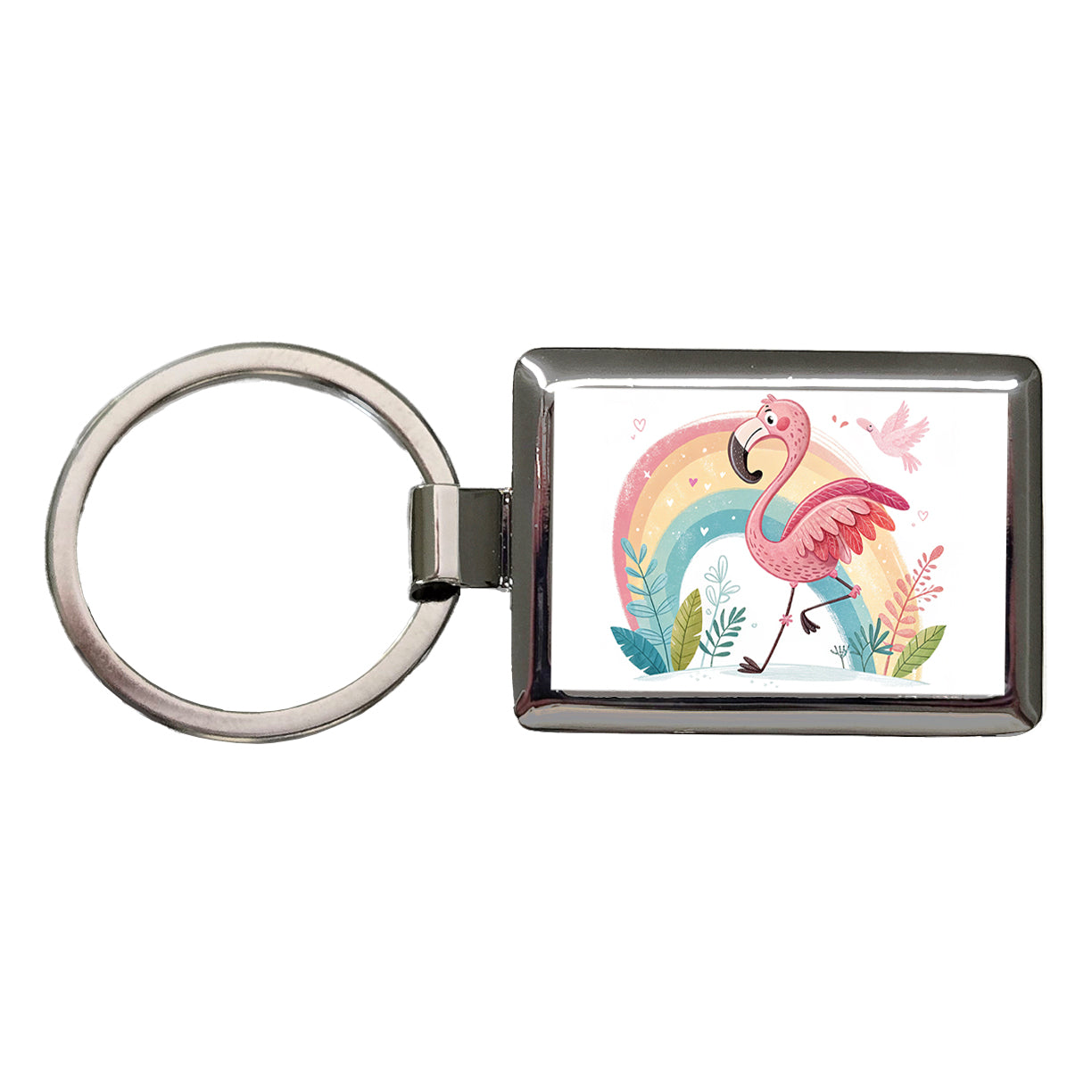 Flamingo and Rainbow Children's Illustration Style Rectangle Metal Keychain