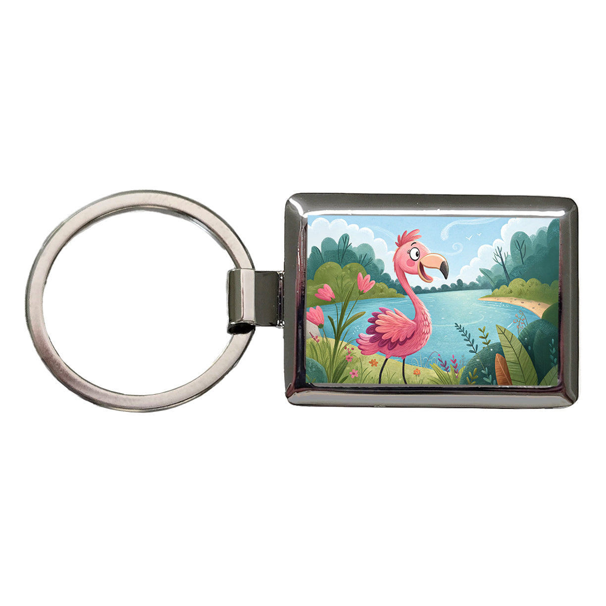 Flamingo Children's Illustration Style Rectangle Metal Keychain